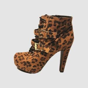 Leopard Print Platform Ankle Boots Size 9 Studded Buckle Lace Up Stiletto Heel